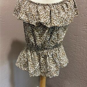 Old Navy White and Brown Ruffled Peplum Blouse